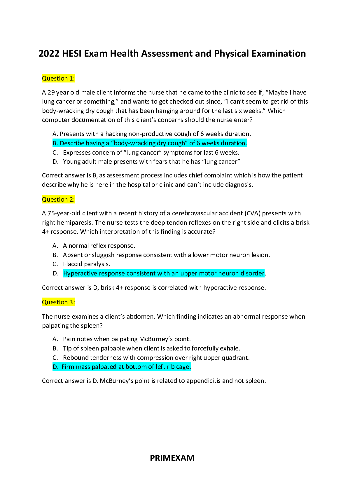 HESI Exam Health Assessment and Physical Examination Questions and